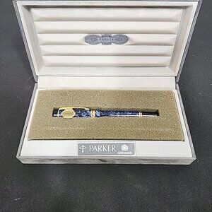 Vintage 18K Gold UNUSED Parker Duofold Fountain Pen Marble Blue with Box